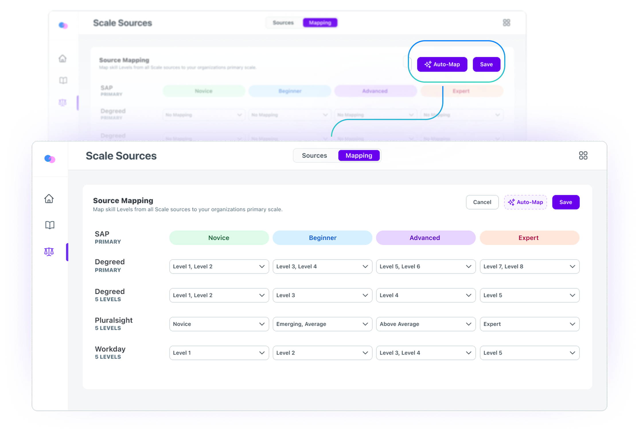 Auto-map interface suggesting relationships between proficiency levels